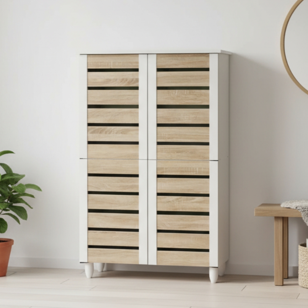 ENYA 4D OAK MAIN-2 ENYA 4 Door Shoe Cabinet-Oak+White - Image 1