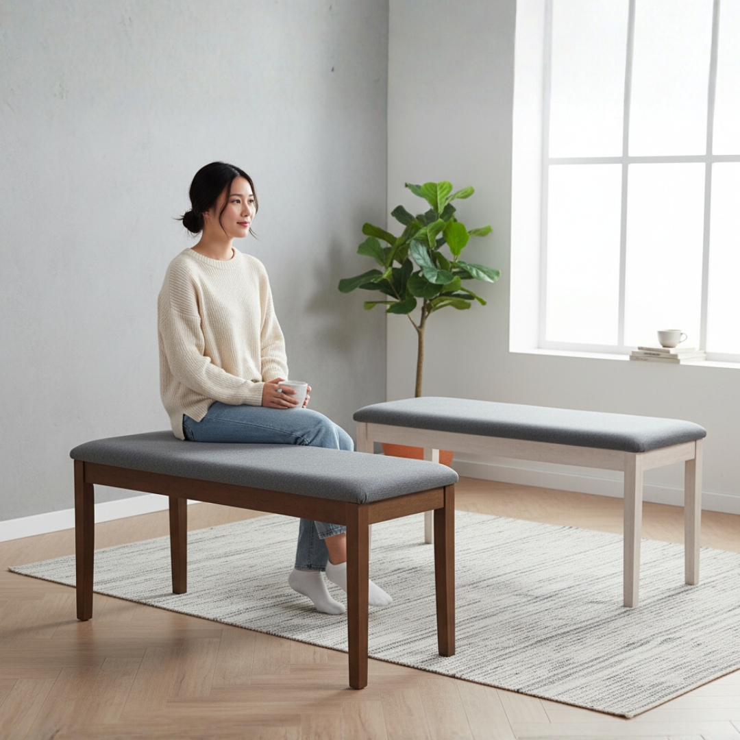 FENDI BENCH MAIN FENDI Solid Wood Bench Chair With Cushion Seat-Natural White - Image 1