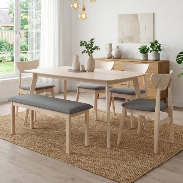 HILTA 6 Seater Dining Set With Bench-White Wash