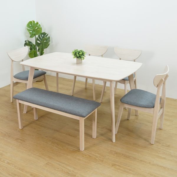 HILTA Solid Wood 6 Seater Dining Set With Bench-White Wash