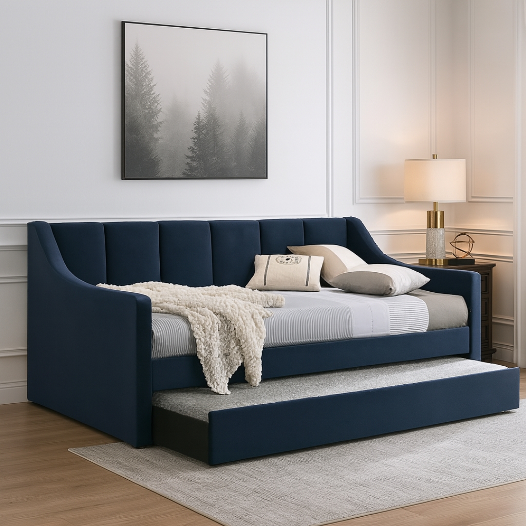 ROISE DAYBED MAIN ROISE Daybed With Trundle Pull Out-Blue Velvet - Image 1