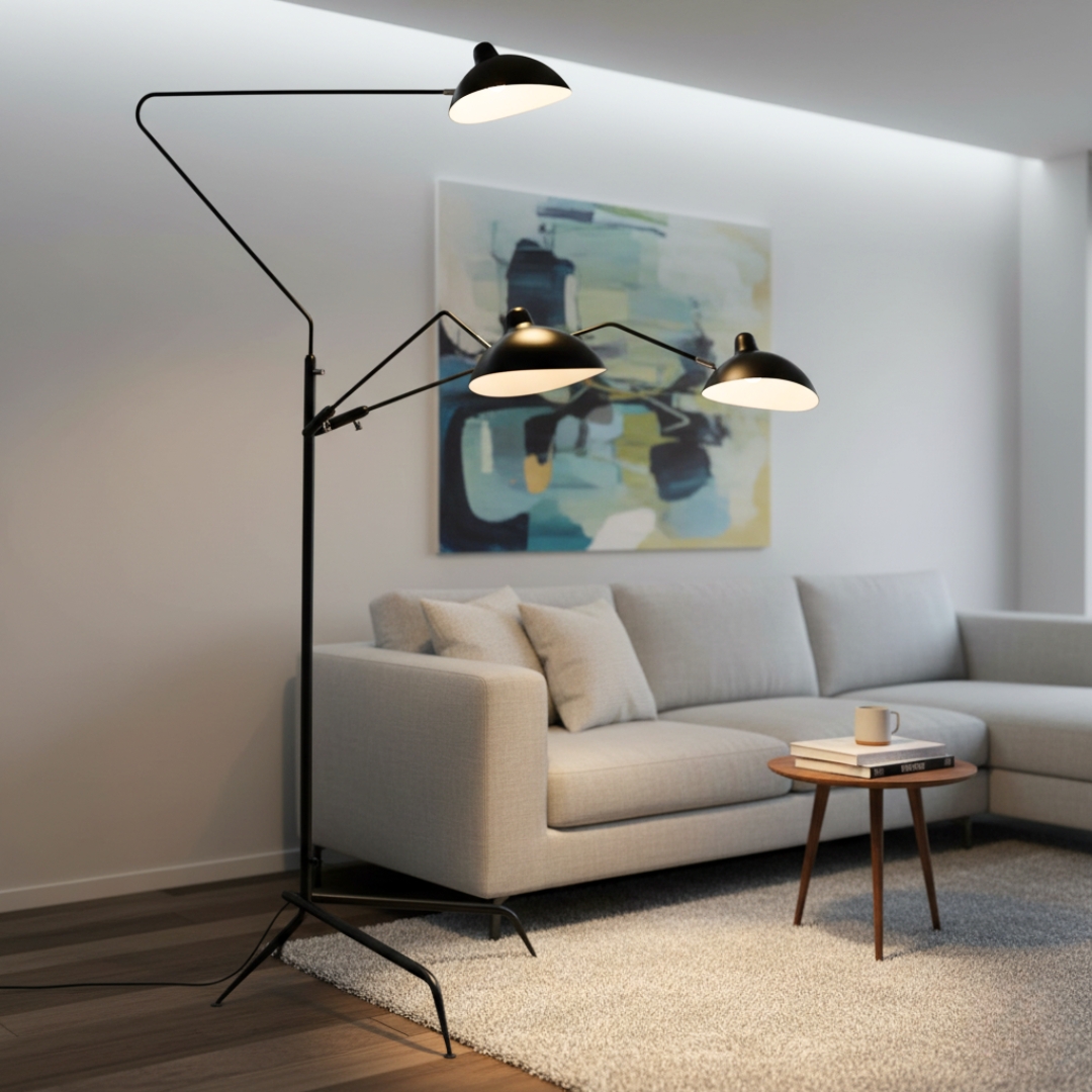 12002 MAIN Mantis Triple Light Matt Black Aluminium+Steel Floor Lamp - Image 1