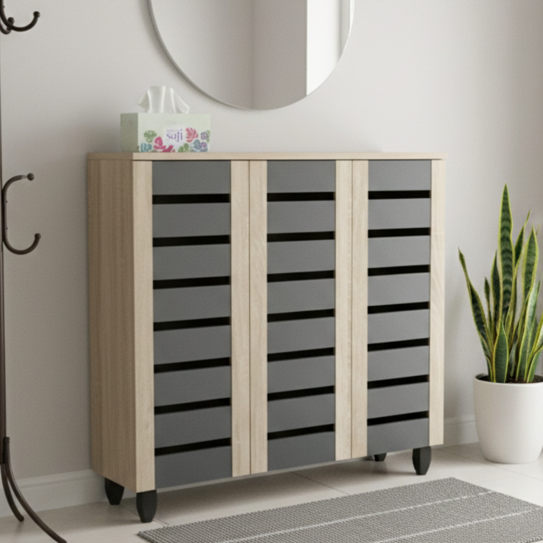 TORI 3D GREY MAIN TORI 3 Door Shoe Cabinet-Oak+Grey - Image 1