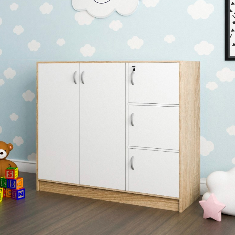 BARRY 5 Doors Children Wardrobe With Key Lock - Oak+White