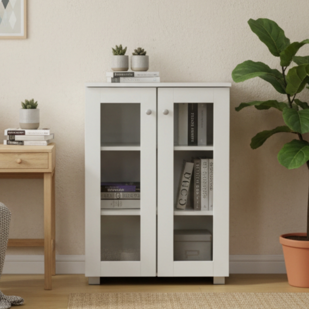 AWANA 2D MAIN (1) AWANA 2 Glass Door Storage Cabinet-White - Image 1