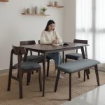 KEN Solid Rubberwood 6 Seater Dining Set With Bench-Walnut