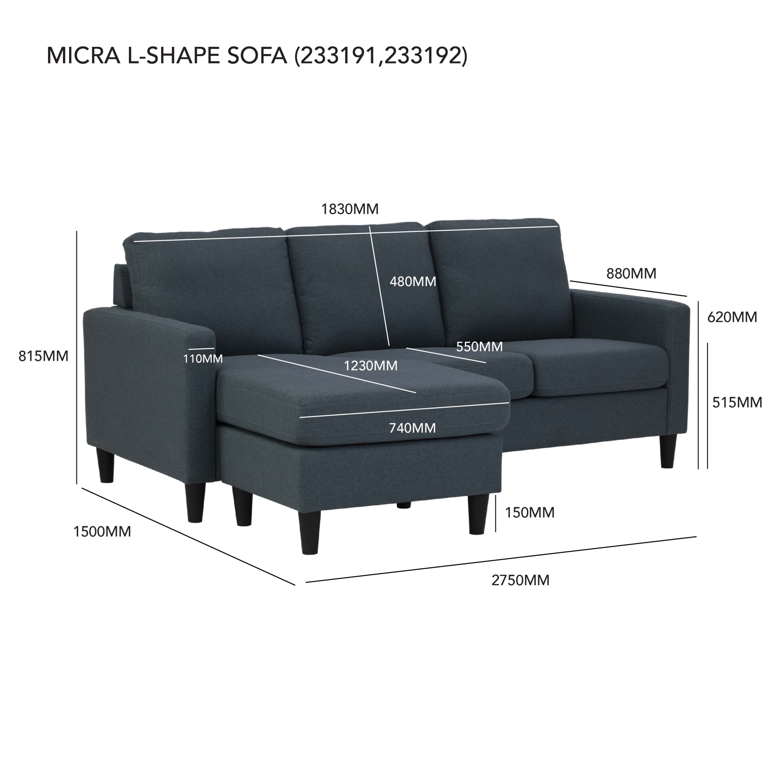 Micra 3 Seater L Shape Sofa Dark Grey
