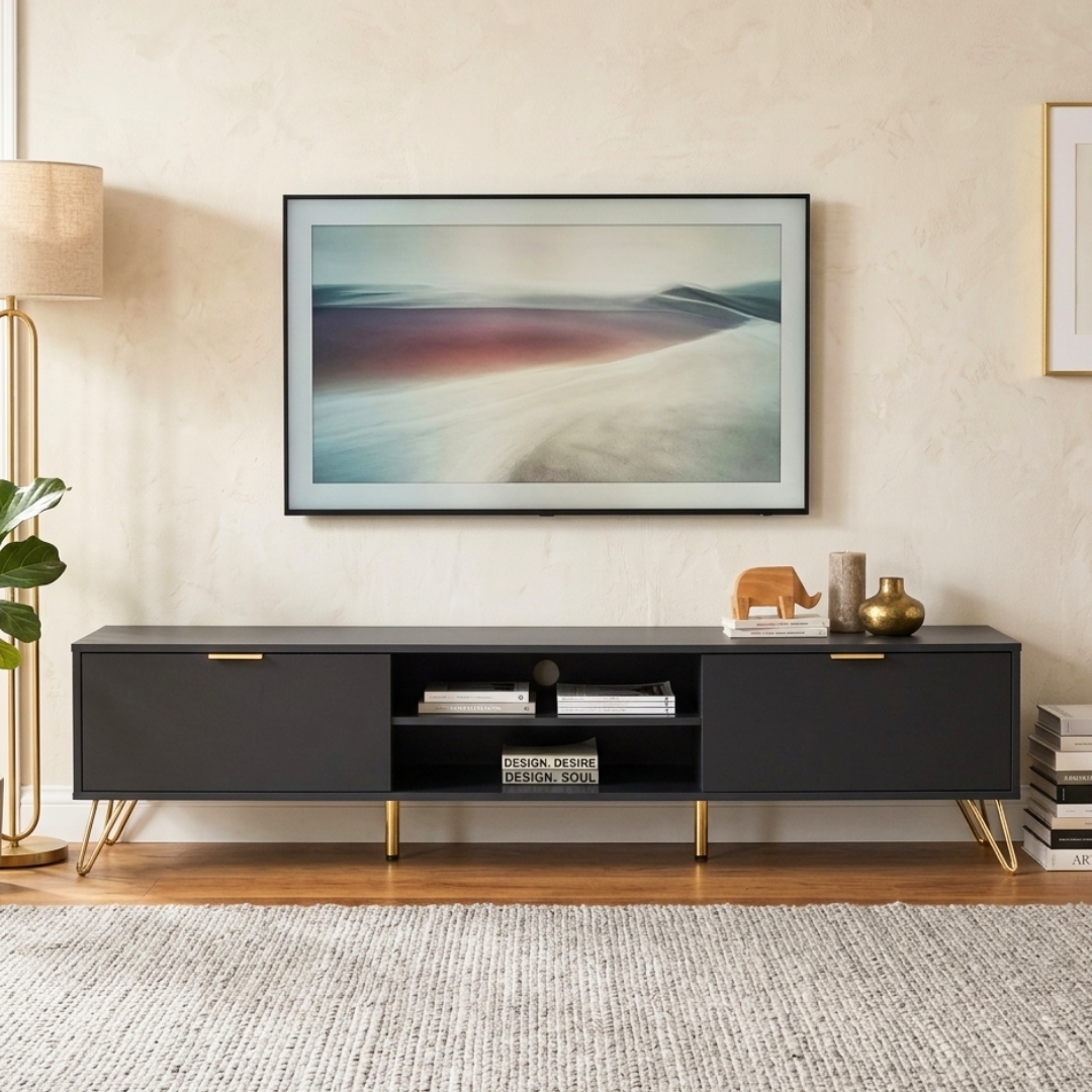 336046 VELARIE VELARIE 6 Feet TV Cabinet With Gold Chrome Legs-Dark Grey - Image 1