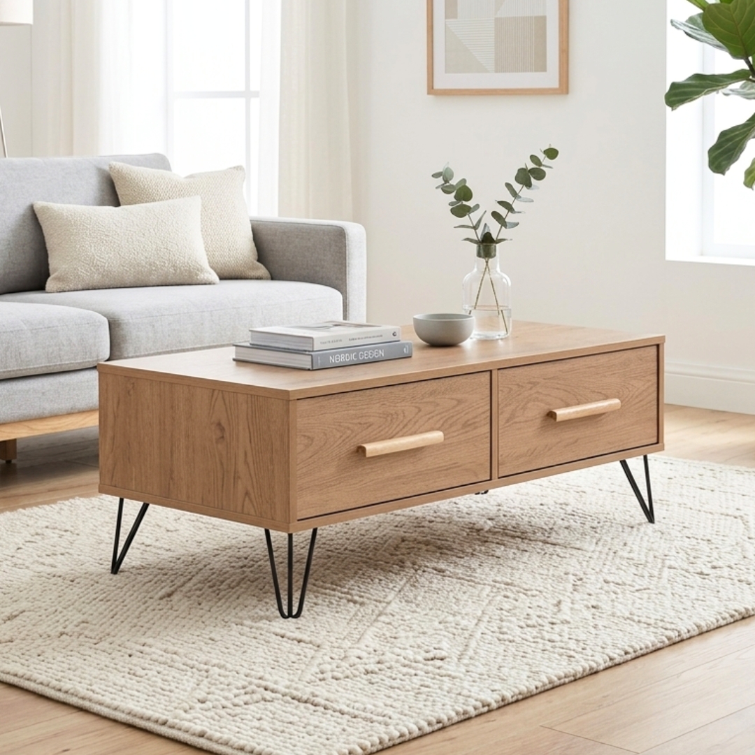 133100 SIMON SIMON 120cm Coffee Table With 2 Drawers-Oak - Image 1