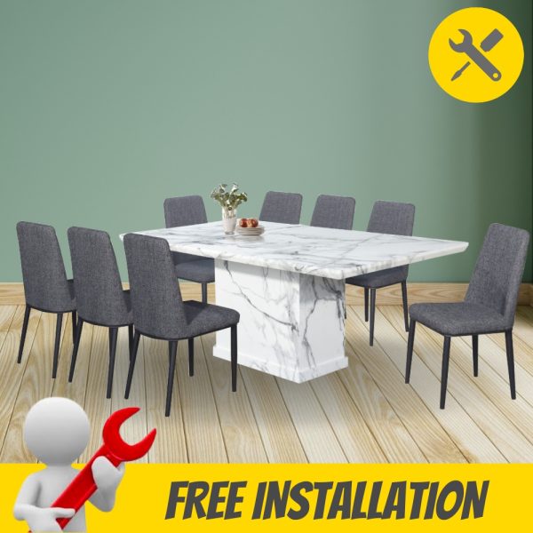 [Free Installation] MONICA Artificial Marble 8 Seater Round Dining Set-White