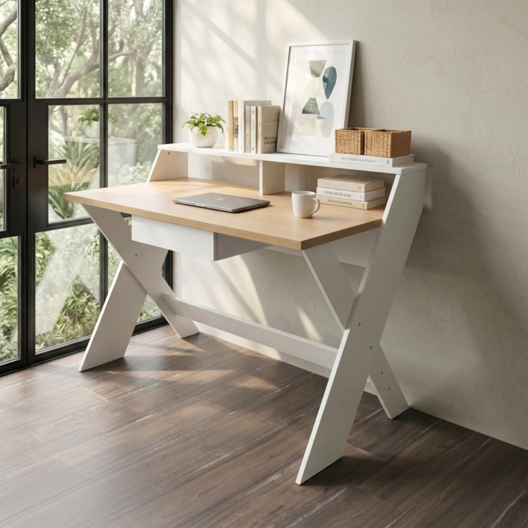 KIAN DESK OAK 26-1 KIAN 120cm Study Desk With Hutch-White+Oak - Image 1
