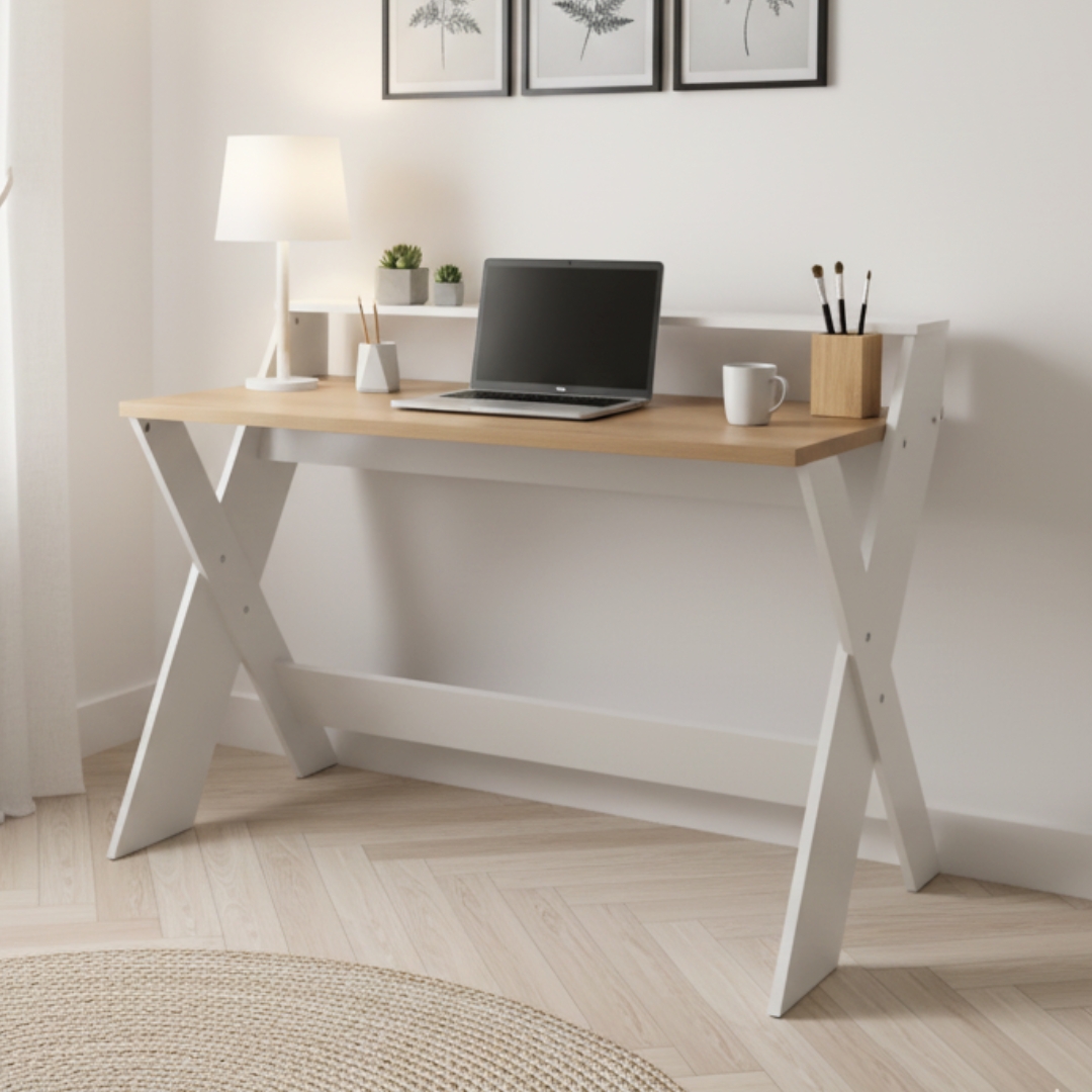 KIAN OAK-1 KIAN 120cm Study Desk With Hutch-White+Oak - Image 1