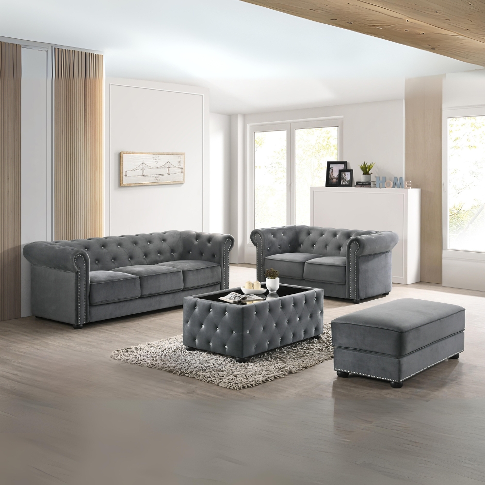 AVENTADOR 2+3 Chesterfield Sofa Set-Grey Velvet 