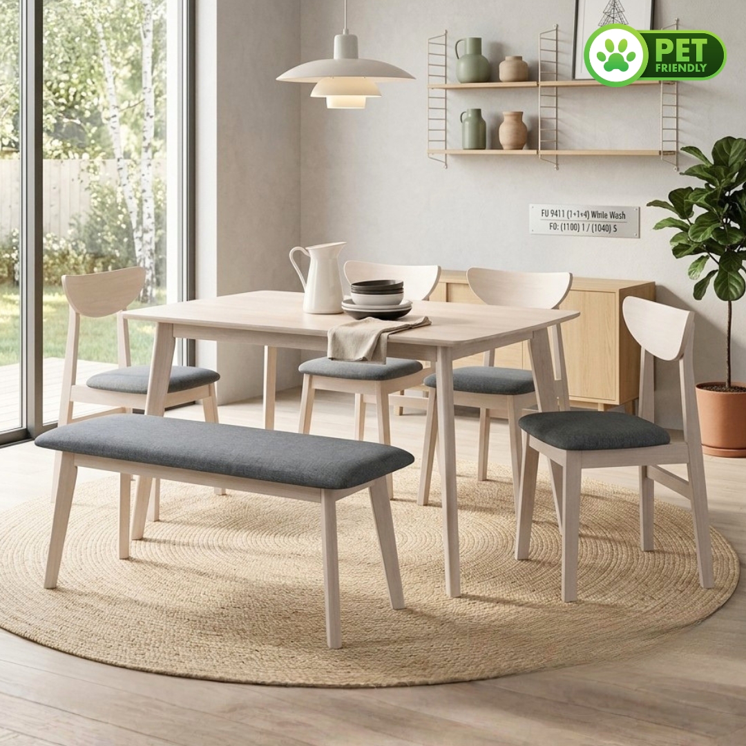 JASWAY 26 WW-1 JASWAY Full Solid 6 Seater Pet Friendly Dining Set-White Wash - Image 1