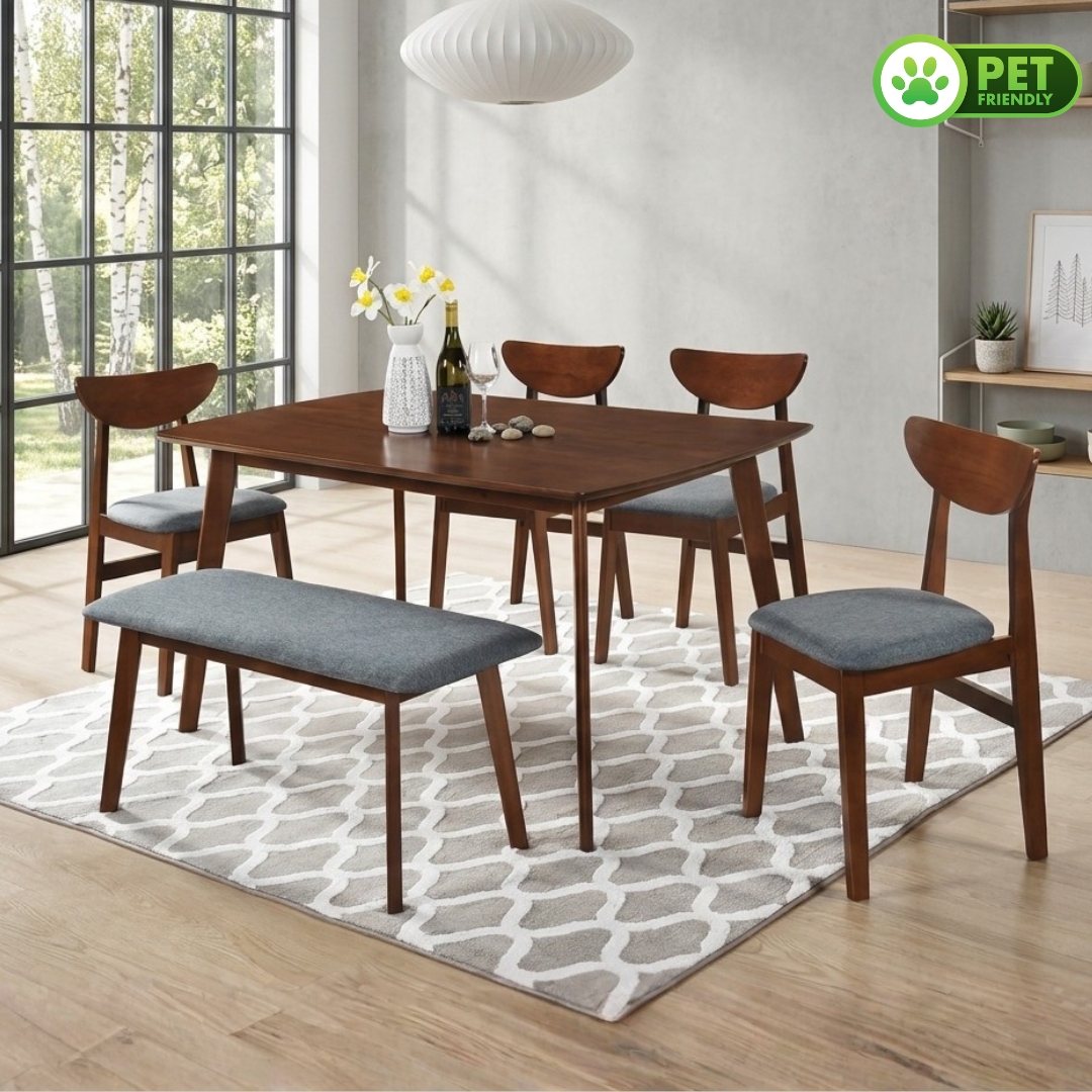 JASWAY 6S WAL-1 JASWAY Full Solid 6 Seater Pet Friendly Dining Set-Walnut - Image 1