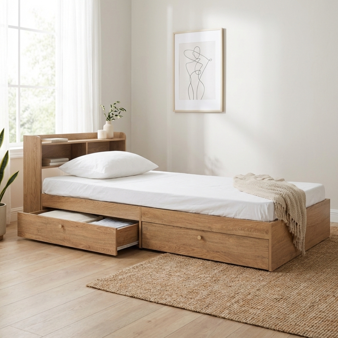 653036 26 MAIN HIRANO 2 Drawers Storage Single Bed-Oak - Image 1