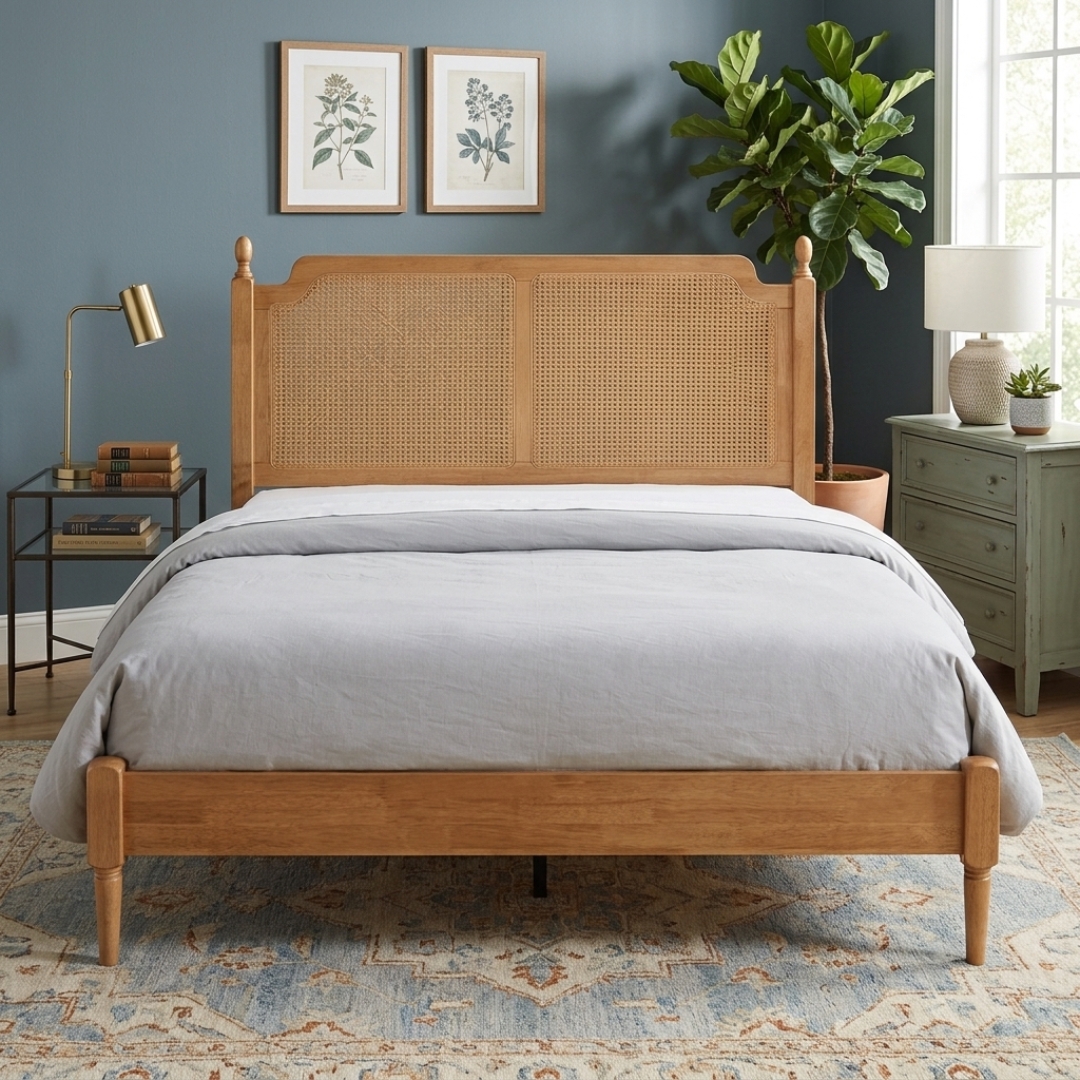 PRATO BED 26-2 PRATO Solid Wood Queen Rattan Bed Frame-Light Walnut - Image 1