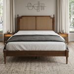 PRATO Solid Wood Queen Rattan Bed Frame-Walnut