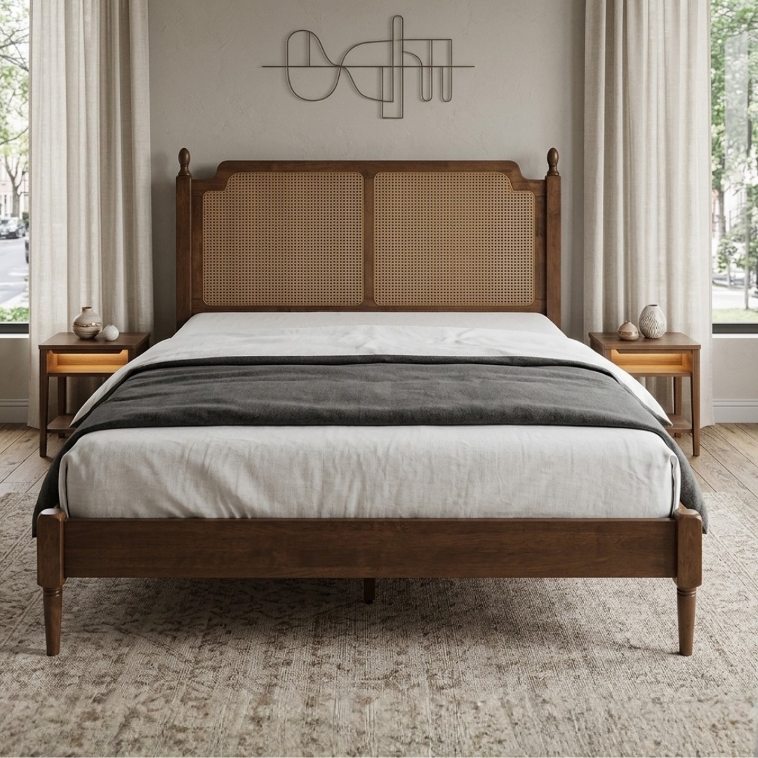 PRATO BED 26-3 PRATO Solid Wood Queen Rattan Bed Frame-Walnut - Image 1