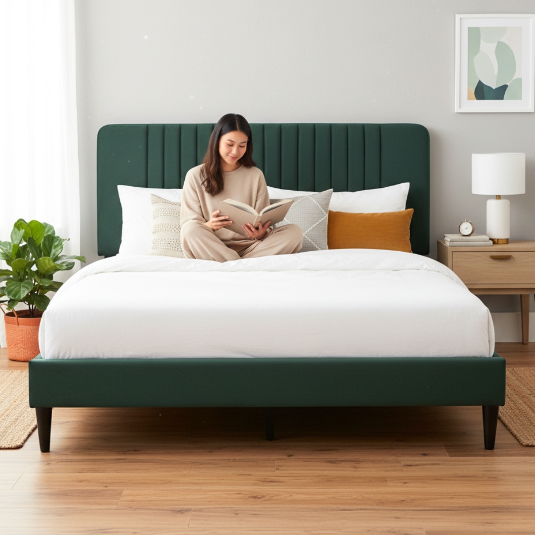 655102 MAIN (1) FLUFFY Queen Size Bed Frame-Green - Image 1