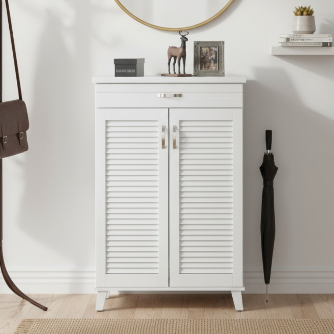 PERUSI 2D MAIN-4 PERUSI 2 Louver Door Shoe Cabinet-White - Image 1