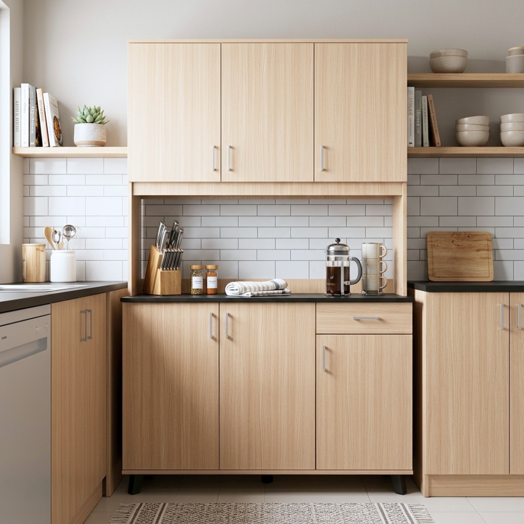 VUTO 3 DOOR HIGH OAK VUTO 3 Door Melamine Top High Kitchen Cabinet-2 Colors - Image 1