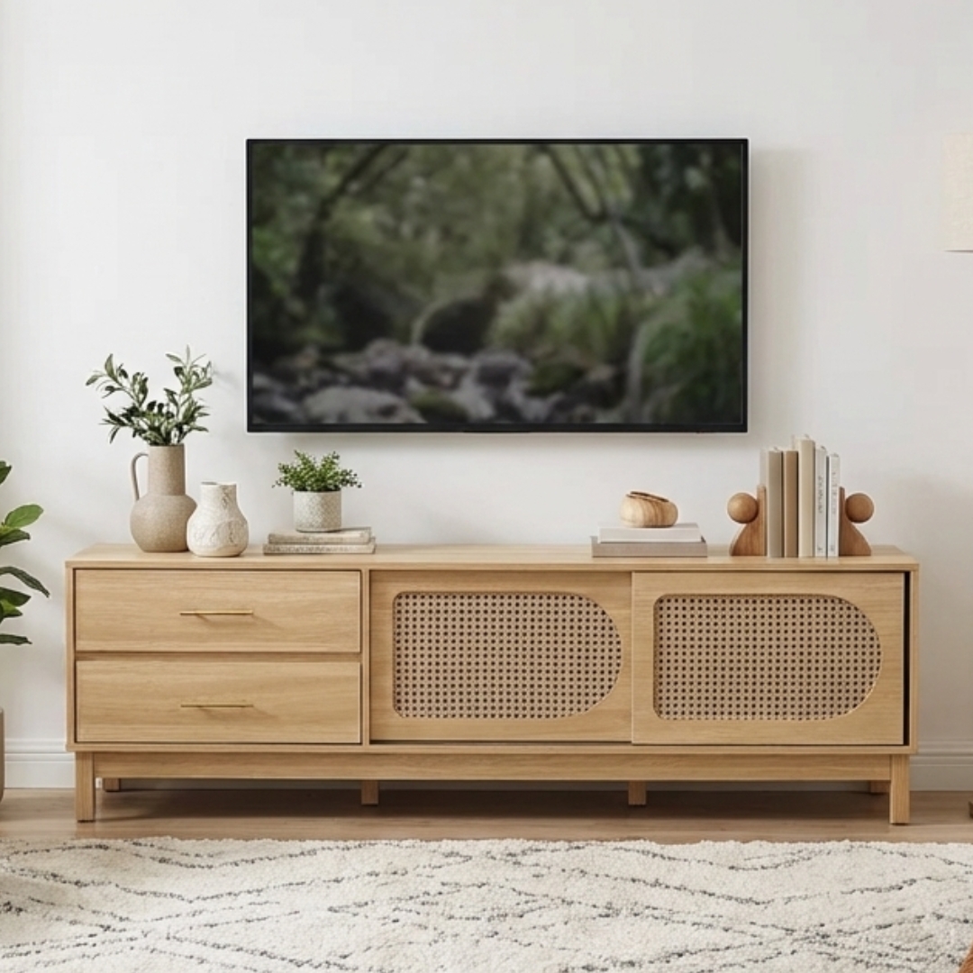 ALESANA 6FT TV MAIN ALESANA 180cm Rattan Door TV Cabinet-Oak - Image 1