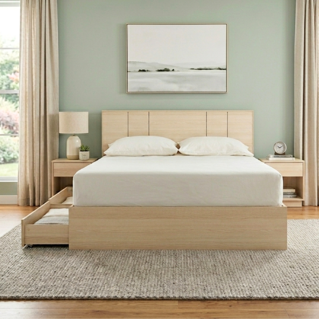 655129 HIRANO-2 HIRANO Queen Drawer Storage Bed Frame-White Wash - Image 1