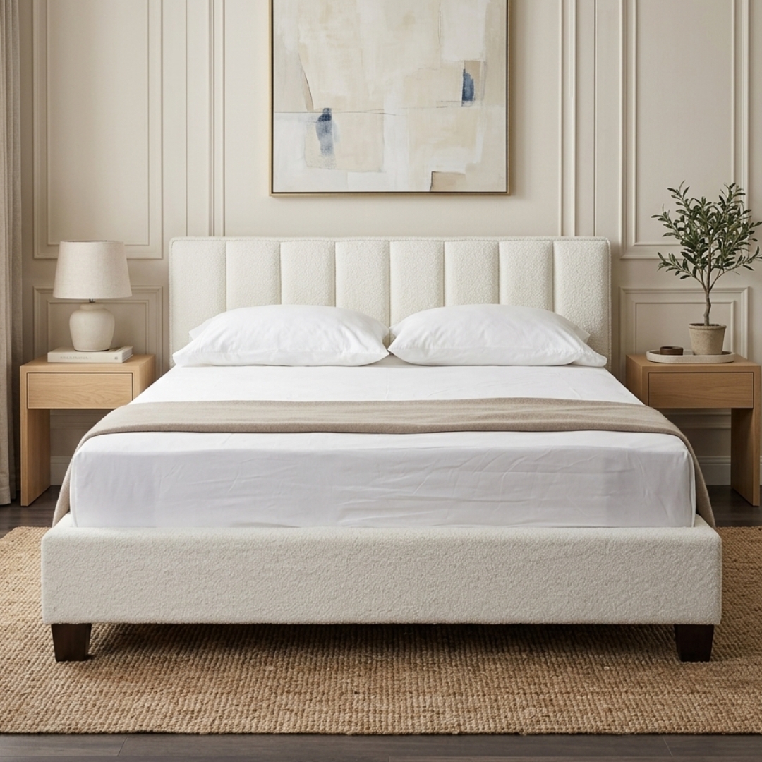 CRUELLA BED 26 CRUELLA Queen and King Size Fleece Fabric Bed Frame-White - Image 1