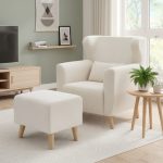 TOJOLA Fleece Fabric Lounge Chair With Stool-Cream