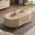 REALM 120cm Oval Shaped Glass Top Coffee Table-Beige / Gold