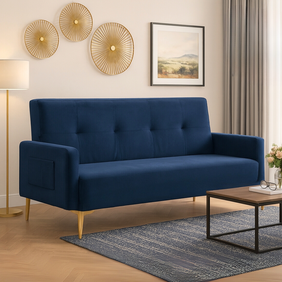 SB 512 CRIMSON BLUE-1 CRIMSON 3 Seater Velvet Fabric Sofa Bed-Blue - Image 1