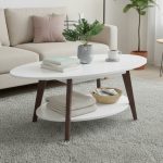 JULIE 110cm Oval Shaped Coffee Table-White+Walnut