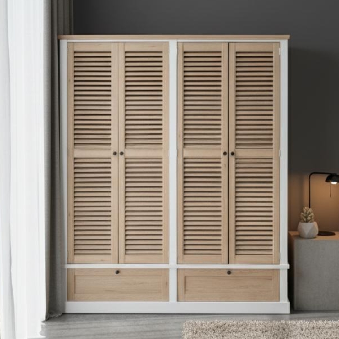 LOWES WARDROBE-4 LOWES 4 Louver Shutter Door 2 Drawers Wardrobe-White+Oak - Image 1