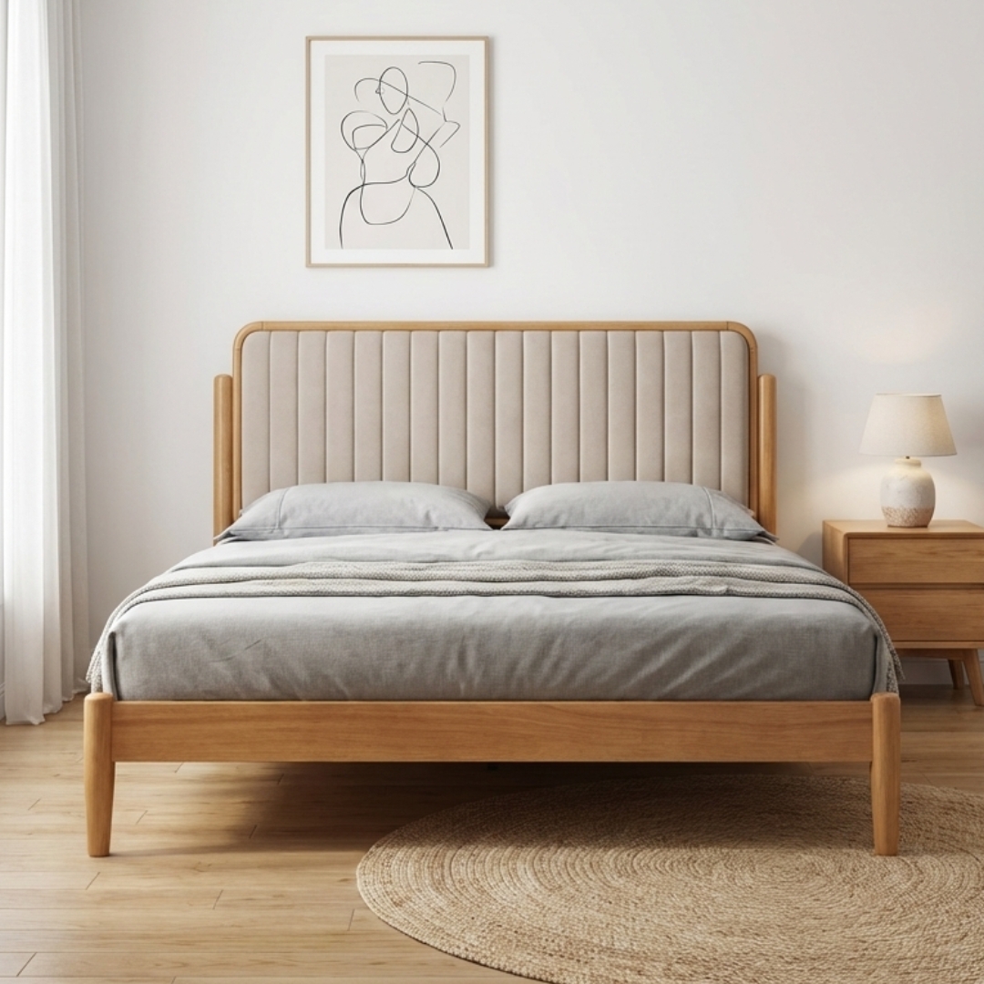 NATACHA BED BEECH-4 NATACHA Queen Size Wooden Bed Frame-Beech - Image 1