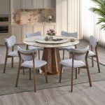 PRISCILLA Artificial Marble 6 Seater Round Dining Set-Walnut