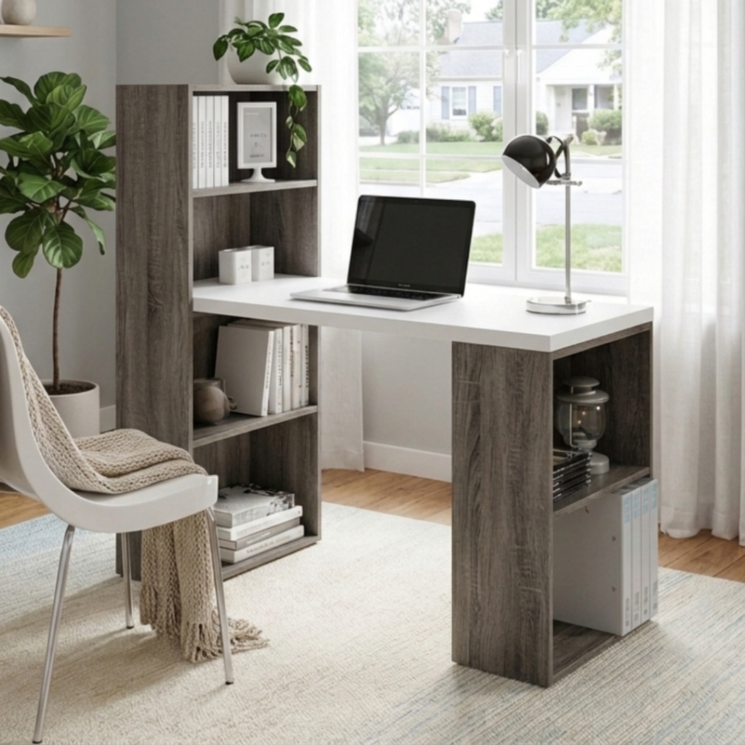 VISBY GREY OAK VISBY 120cm Study Desk With Bookcase-Grey Oak - Image 1