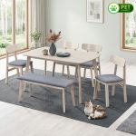 LINDA 6 Seater With Bench Pet Friendly Dining Set-White Wash