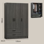 MESMIRA 120cm 3 Door 2 Drawer Wardrobe With Key Lock-Grey Oak - Image 4