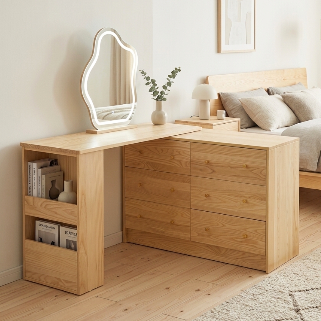 Z56 GALLE-1 GALLE Solid Ash Wood Extendable Dressing Table-Natural - Image 1