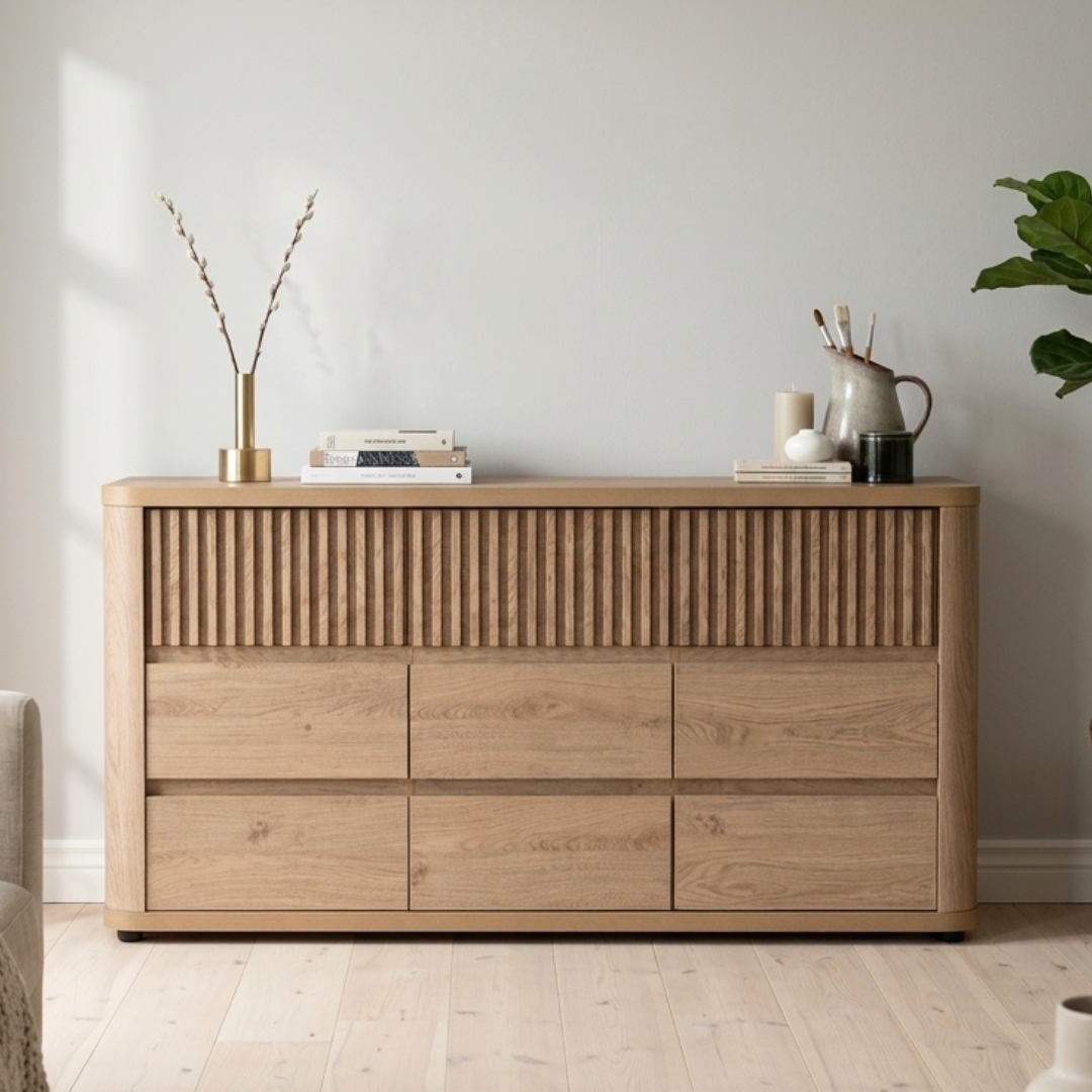 344045 KOMAR-1 KOMAR 150cm 9 Flutter Drawer Storage Cabinet-Dark Oak - Image 1