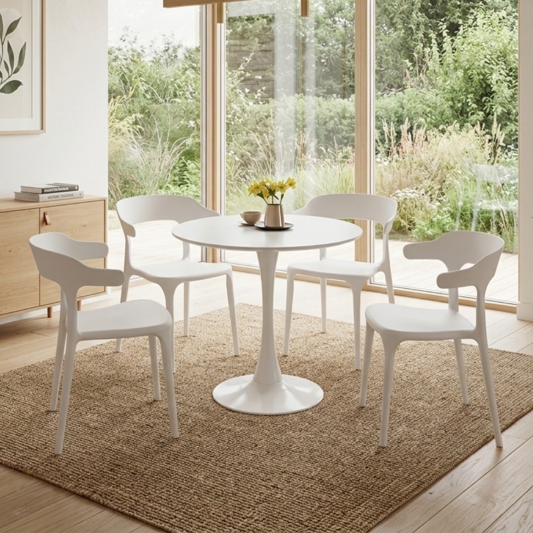 AMINO 4S WHT AMINO MDF Top D80cm Round 4 Seater Dining Set-White - Image 1