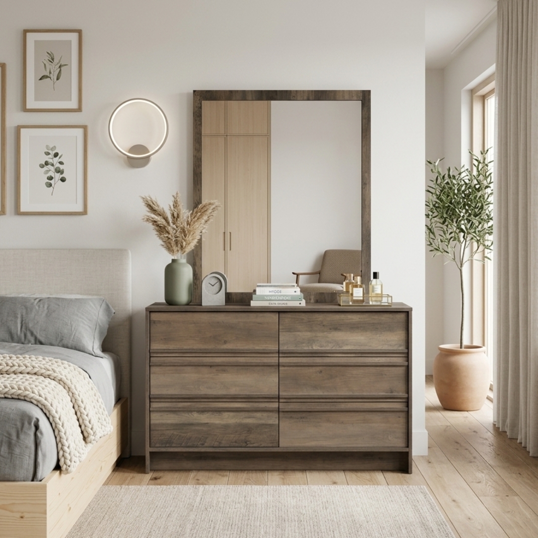 CARLTON DRESSER-1 CARLTON 6 Drawer Dresser With Mirror-Rustic Oak - Image 1