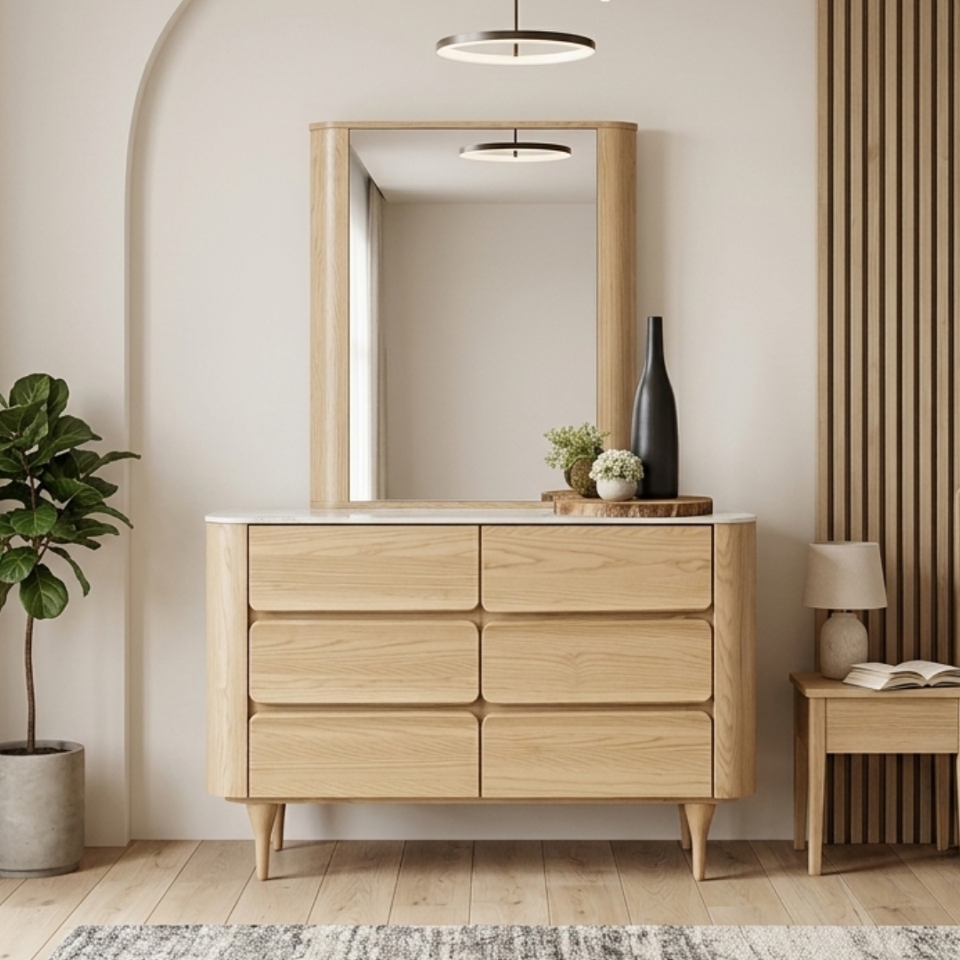 COSMO 6097 COSMO 6 Drawer Chest With Mirror Set-Natural - Image 1