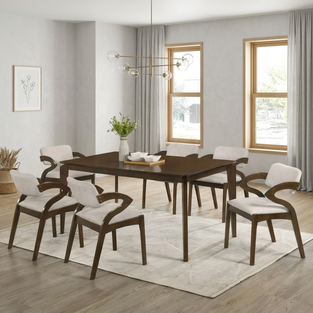 Enamel 6S (1) ENAMEL 6 Seater Full Solid Dining Set-Walnut - Image 1