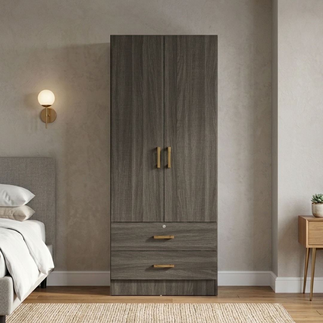 FU 27N BANDOL-3 MESMIRA 2 Door 2 Drawer With Key Lock Wardrobe-Grey Oak - Image 1