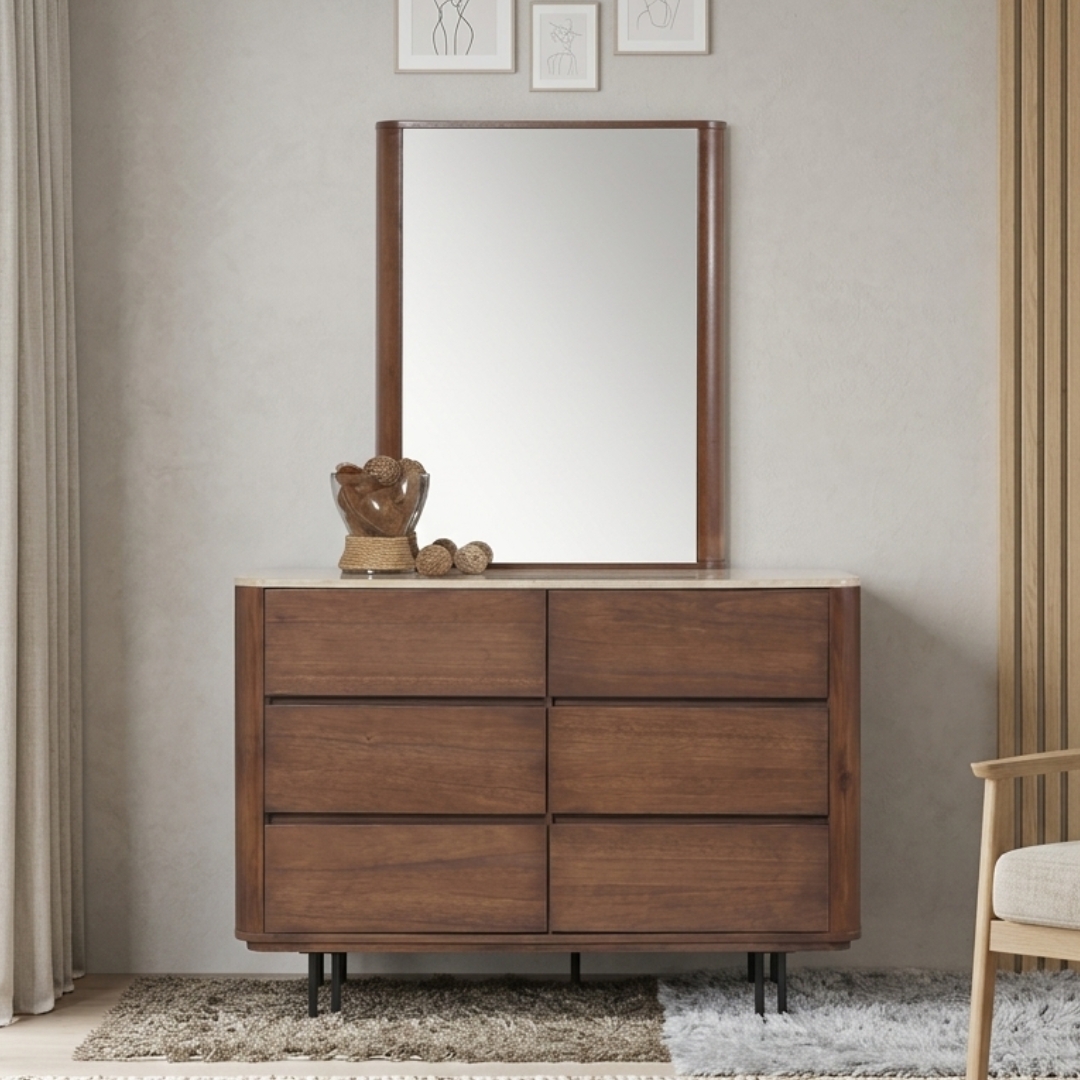 QUEBEC 5651-SB QUEBEC 6 Drawer Chest With Mirror Set-Walnut - Image 1