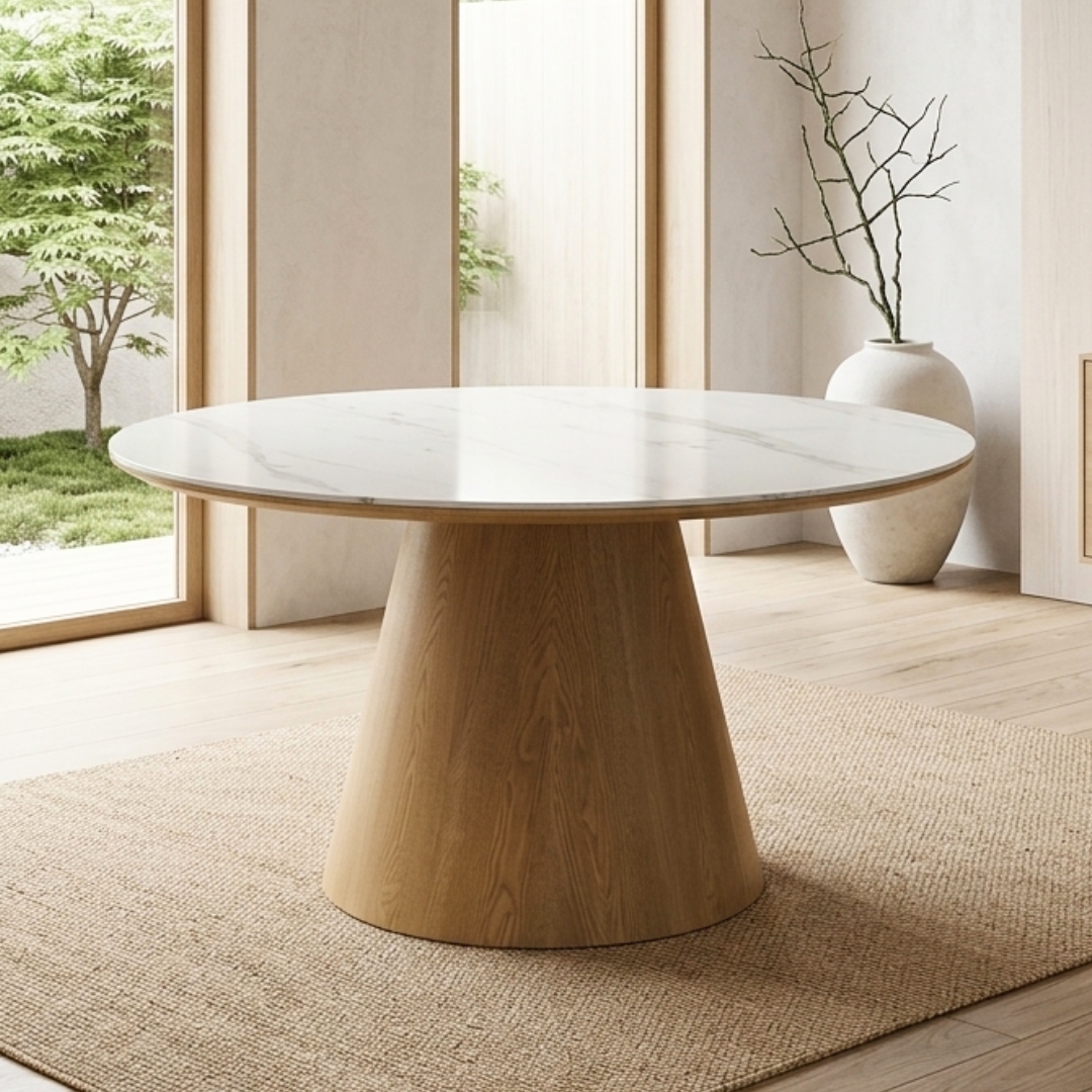 RENA TABLE BEECH-2 RENA D135cm Round Sintered Stone Dining Table-Beech - Image 1