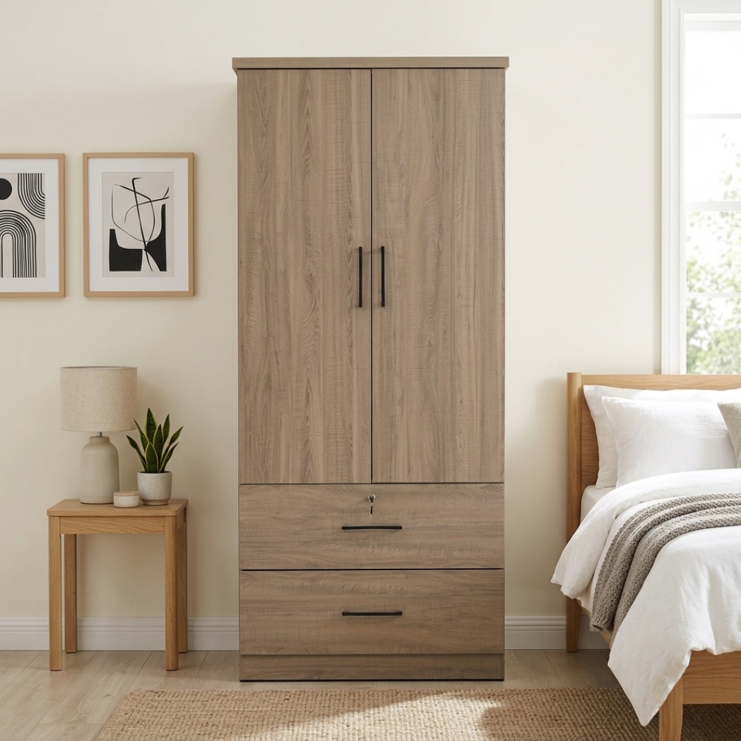 352048 DUBLIN-2 DUBLIN 2 Door 2 Drawer Wardrobe With Key Lock- Dark Oak - Image 1
