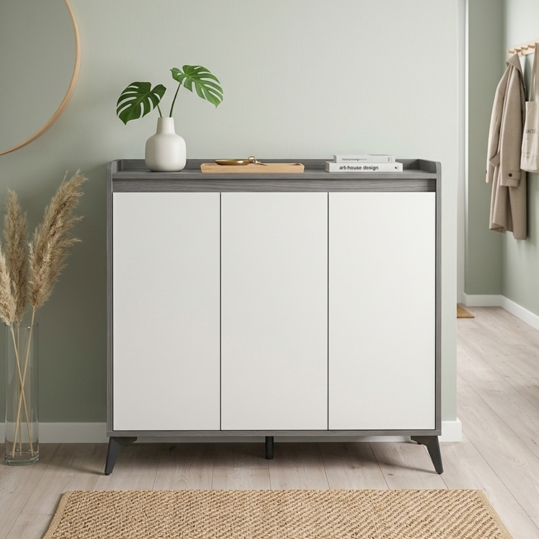 DOWEL SC 230-1 DOWEL 100cm 3 Door Shoe Cabinet-Grey+White - Image 1